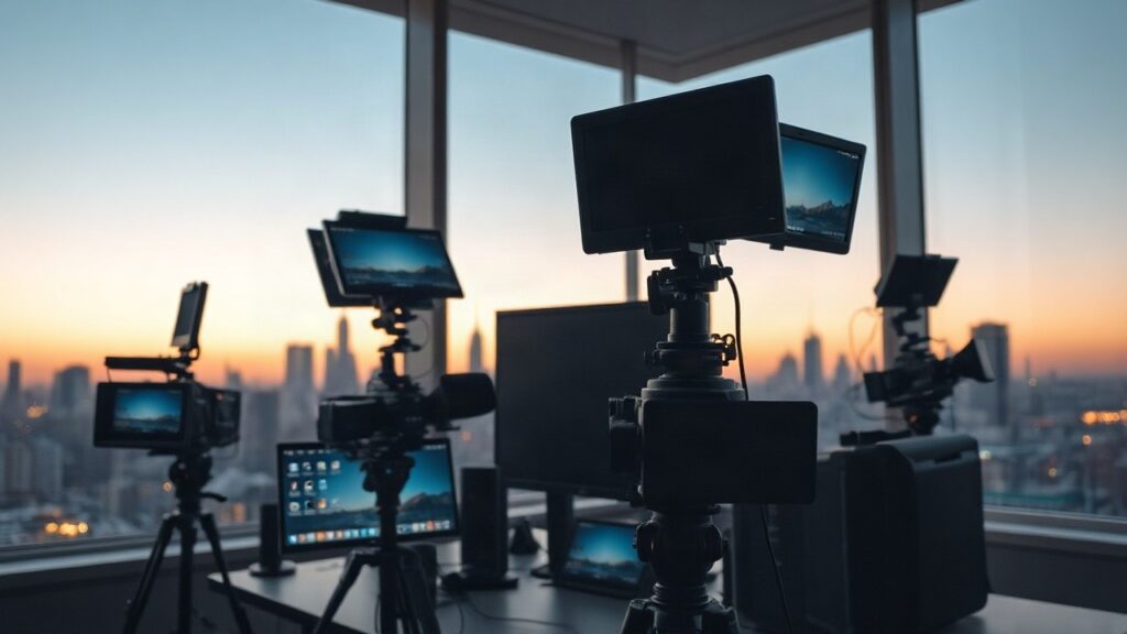 Ein verlassenes Streaming-Setup mit Kameras und Monitoren vor einer Skyline erinnert an die Arbeit von Adam Wolke alias SkylineTV – Symbolbild, KI-erzeugt
