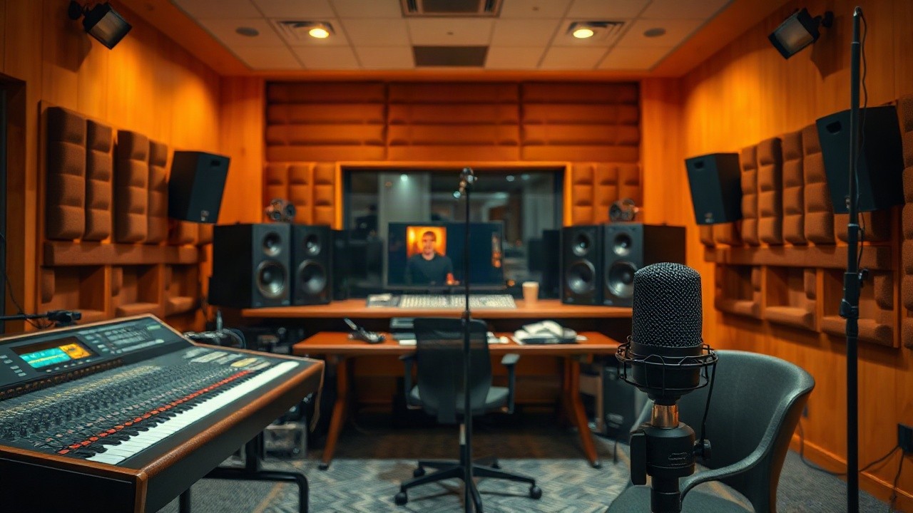 Ein Aufnahmestudio mit Mischpult und Mikrofonständer symbolisiert Adeles Arbeit an ihrem Comeback-Album – Symbolbild, KI-erzeugt