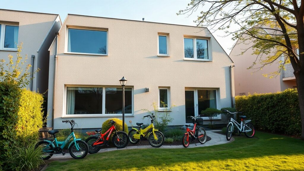 Moderne Villa bei Köln mit gepflegtem Garten, wie sie dem Zuhause von Amira Aly ähnelt – Symbolbild, KI-erzeugt
