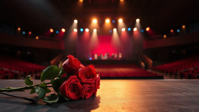 Ein Strauß roter Rosen liegt auf einer Bühne, wie ihn Anna-Carina Woitschack bei ihrem Konzert erhielt – Symbolbild, KI-erzeugt