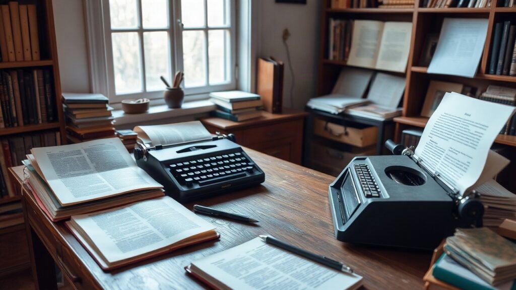 Ein Schreibtisch mit antiken Texten und einer Schreibmaschine symbolisiert das literarische Werk von Anne Carson nach ihrem Literaturnobelpreis – Symbolbild, KI-erzeugt