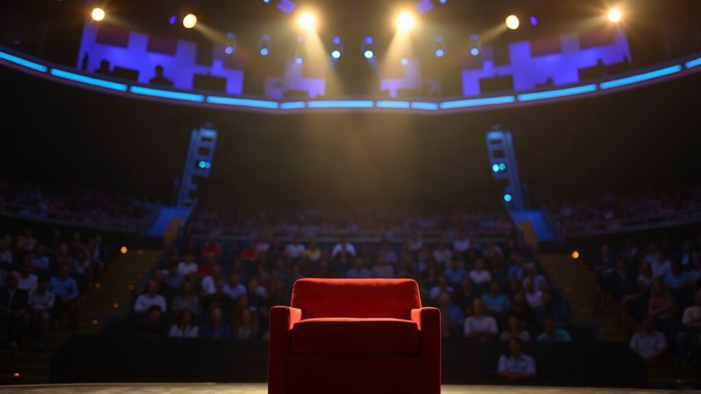 Ein beleuchteter Ratestuhl in einem TV-Quizstudio steht sinnbildlich für den Moment, in dem ein Wer-wird-Millionär-Kandidat scheiterte – Symbolbild, KI-erzeugt