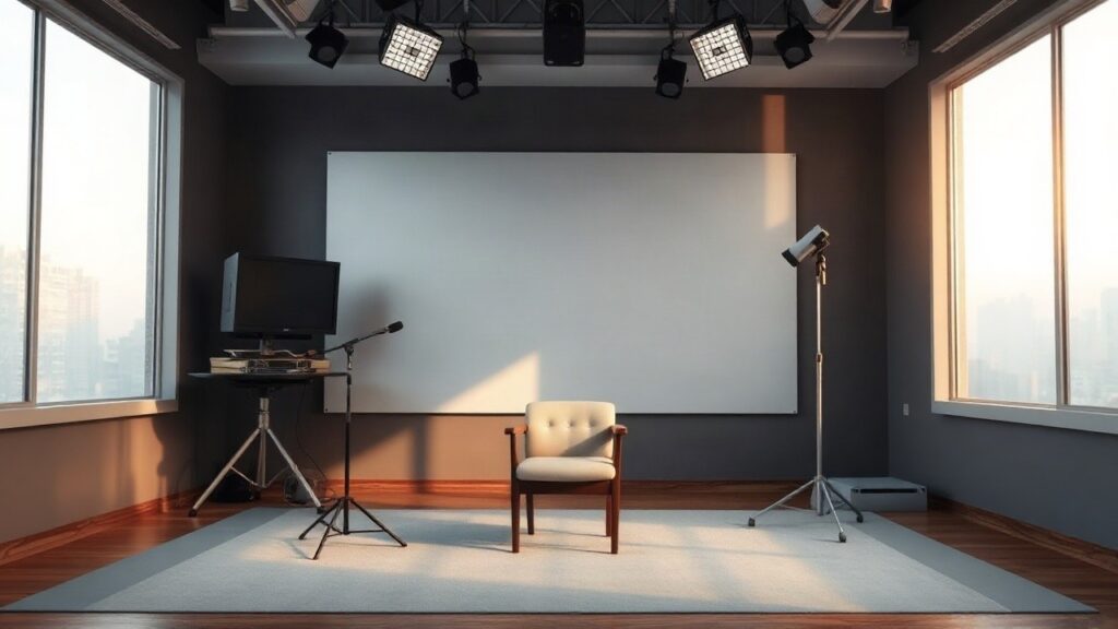 Ein leeres, warm beleuchtetes Fernsehstudio steht sinnbildlich für die Medienarbeit von Cathy Hummels – Symbolbild, KI-erzeugt