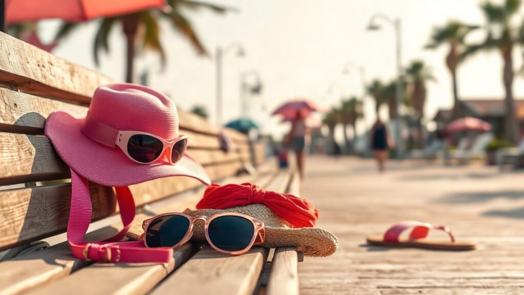 Pinke Sommer-Accessoires auf einer sonnigen Promenade in Florida, passend zum Modestil von Cathy Hummels – Symbolbild, KI-erzeugt