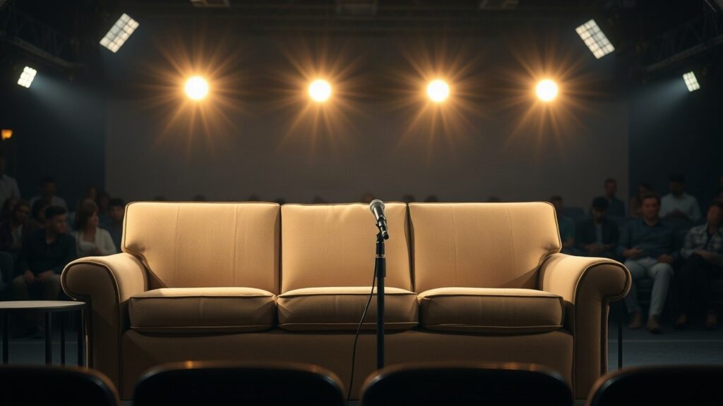 Ein leeres Sofa unter Studiolicht symbolisiert den Late-Night-Auftritt von Christian Lell – Symbolbild, KI-erzeugt