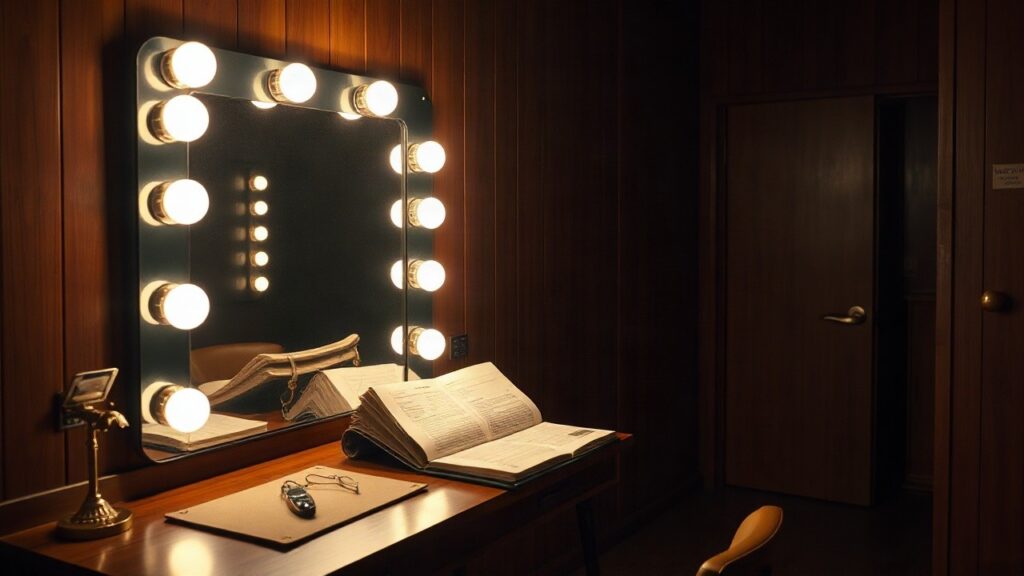 Ein Theater-Backstagebereich mit Schminktisch und offenem Drehbuch symbolisiert die Rollenwahl von Cynthia Erivo – Symbolbild, KI-erzeugt
