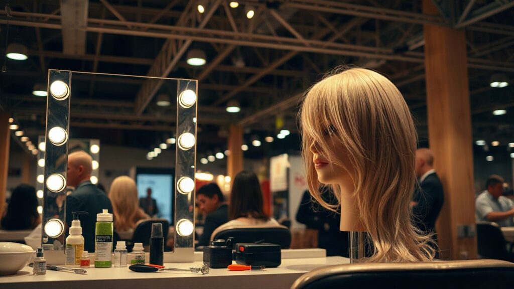 Ein Frisierspiegel mit Styling-Werkzeugen im Messe-Backstagebereich symbolisiert die Typveränderung von Djamila Rowe – Symbolbild, KI-erzeugt