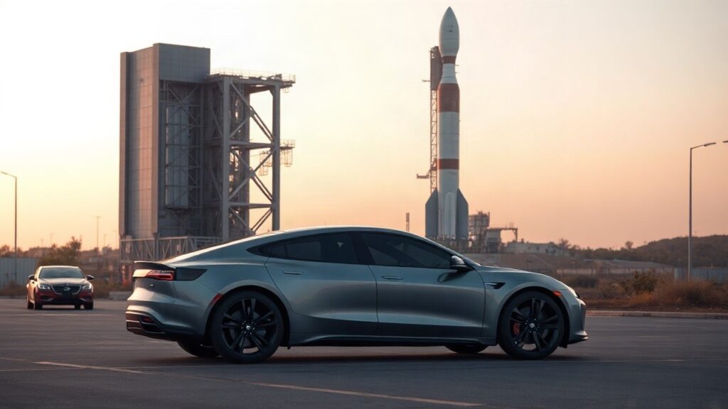 Ein Elektroauto und eine Rakete auf einem Firmengelände stehen sinnbildlich für die mögliche Fusion der Unternehmen von Elon Musk – Symbolbild, KI-erzeugt