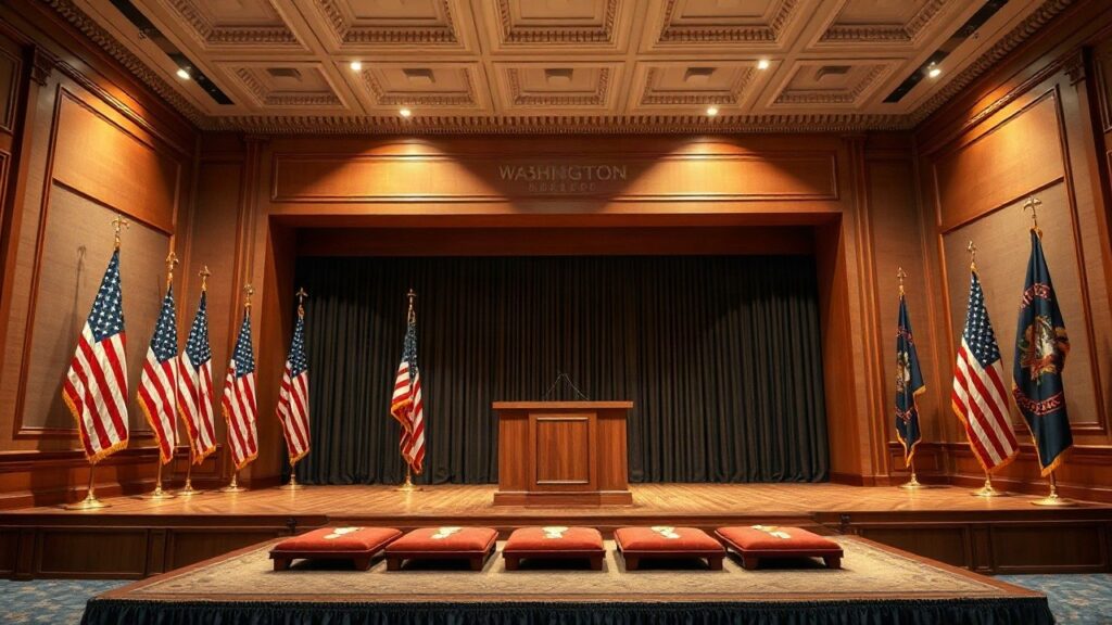 Ein festlich hergerichtetes Podium für eine Zeremonie in Washington symbolisiert die Ehrung, die Elon Musk von Donald Trump erhielt – Symbolbild, KI-erzeugt