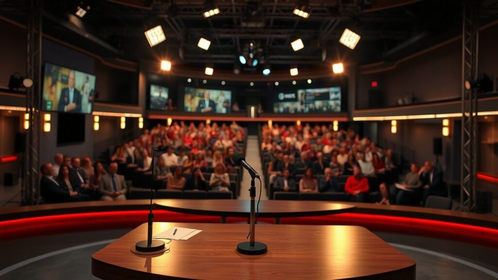 Ein leeres Fernsehstudio mit Pult und Scheinwerfern steht sinnbildlich für die Satire-Show, die Florian Schroeder künftig moderieren soll – Symbolbild, KI-erzeugt