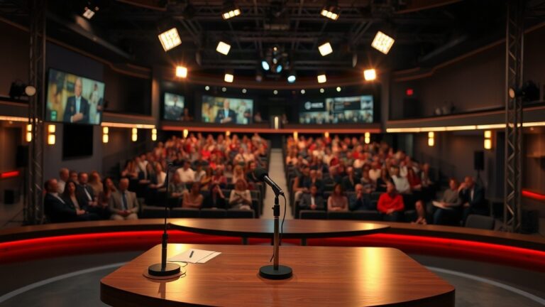 Ein leeres Fernsehstudio mit Pult und Scheinwerfern steht sinnbildlich für die Satire-Show, die Florian Schroeder künftig moderieren soll – Symbolbild, KI-erzeugt