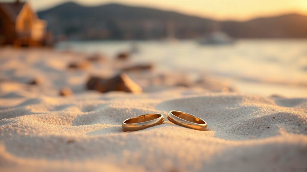 Zwei goldene Eheringe liegen am Strand bei Sonnenuntergang, passend zur heimlichen Hochzeit von Francesca Aiello – Symbolbild, KI-erzeugt