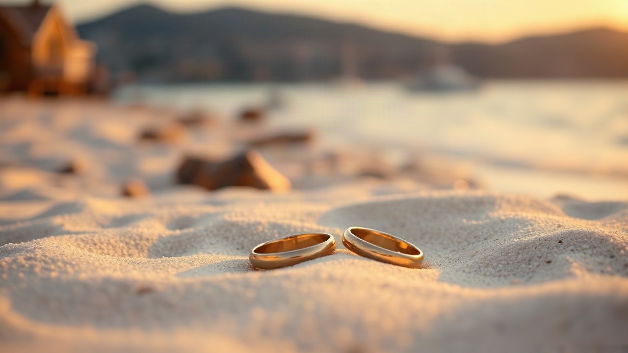 Zwei goldene Eheringe liegen am Strand bei Sonnenuntergang, passend zur heimlichen Hochzeit von Francesca Aiello – Symbolbild, KI-erzeugt