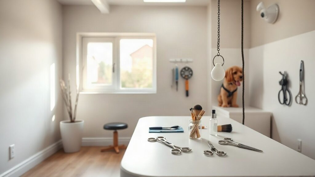Ein ruhiger, menschenleerer Hundesalon erinnert an die berufliche Arbeit von Franziska Knabenreich als Hundestylistin – Symbolbild, KI-erzeugt