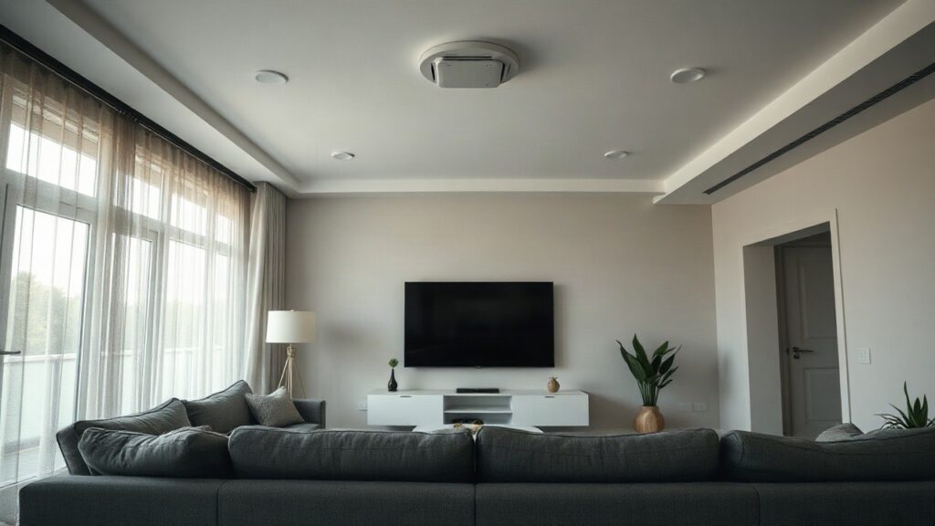 Der Wohnbereich eines Fernseh-Containers, wie er bei Promi Big Brother genutzt wird, mit Sofa und Überwachungskamera – Symbolbild, KI-erzeugt