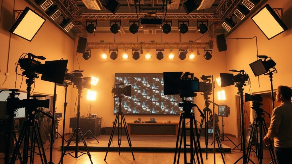 Symbolbild zu Georgina Fleur zeigt ein Reality-TV-Studio mit Kameraequipment und warmem Bühnenlicht – Symbolbild, KI-erzeugt