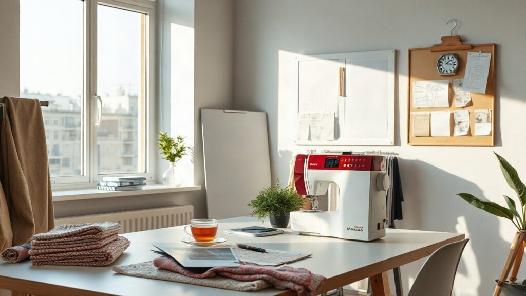 Ein aufgeräumter Designstudio-Arbeitsplatz mit Stoffmustern und Nähmaschine steht sinnbildlich für die strukturierte Arbeitsweise von Guido Maria Kretschmer – Symbolbild, KI-erzeugt