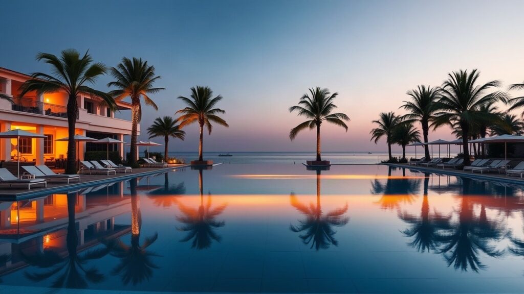 Poolterrasse einer tropischen Villa am Abend, wie sie bei Love Island VIP als Kulisse dient – Symbolbild, KI-erzeugt