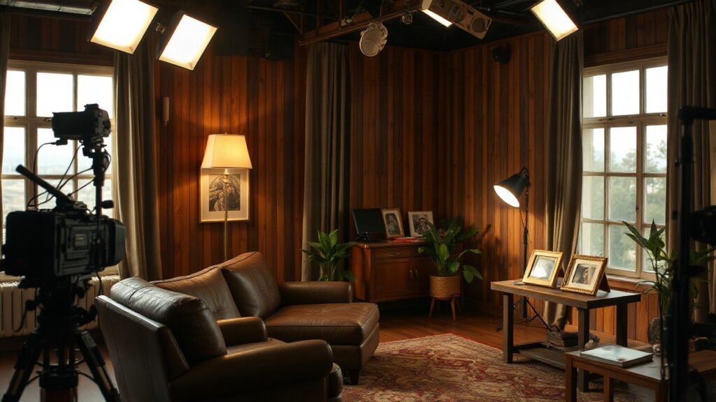Ein leeres Wohnzimmer-Setdesign eines Fernsehstudios erinnert an das Umfeld, in dem Holland Taylor jahrelang vor der Kamera stand – Symbolbild, KI-erzeugt