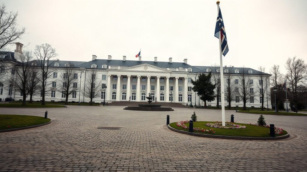 Außenansicht eines nordischen Königsschlosses, das an die royalen Aufgaben von Ingrid Alexandra im norwegischen Königshaus erinnert – Symbolbild, KI-erzeugt