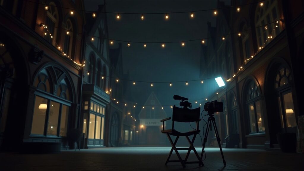 Ein verlassenes, dunkel beleuchtetes Filmset bei Nacht steht sinnbildlich für die Dreharbeiten, bei denen Jenna Ortega unter Tim Burtons Regie an ihre Grenzen kam – Symbolbild, KI-erzeugt