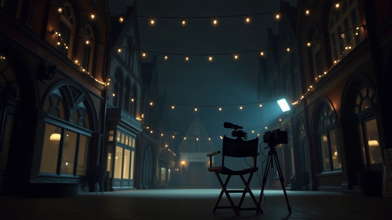 Ein verlassenes, dunkel beleuchtetes Filmset bei Nacht steht sinnbildlich für die Dreharbeiten, bei denen Jenna Ortega unter Tim Burtons Regie an ihre Grenzen kam – Symbolbild, KI-erzeugt
