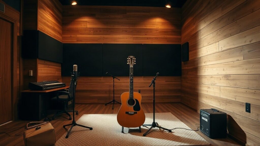 Ein Aufnahmestudio in Nashville mit Gitarre und Mikrofon erinnert an die Karriere des gestorbenen Countrysängers John Anderson – Symbolbild, KI-erzeugt