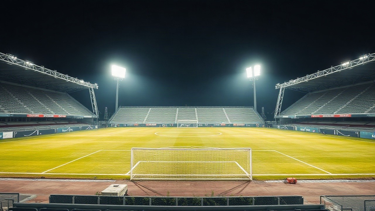 Ein leeres, beleuchtetes Fußballstadion steht sinnbildlich für den Neustart unter dem neuen Bundestrainer, über den man sich fragt: Wer ist Jürgen Klopp – Symbolbild, KI-erzeugt