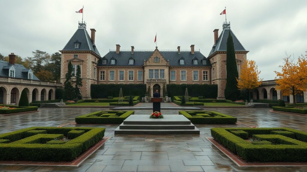 Schlosshof auf der Insel Mainau am Bodensee, Ort des Besuchs von Königin Silvia zum Mentor-Jubiläum – Symbolbild, KI-erzeugt