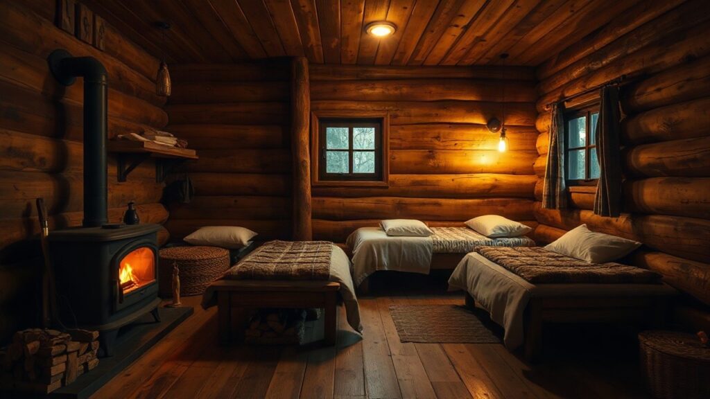 Eine rustikale Hütte mit Ofen und zwei Betten zeigt die Umgebung, in der sich bei Promi-Büßen Marwin und Georgina näherkamen – Symbolbild, KI-erzeugt
