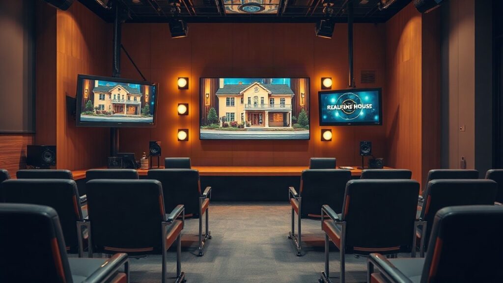 Ein Fernsehstudio mit Monitoren symbolisiert das Finale, in dem der Promi Big Brother Gewinner gekürt wurde – Symbolbild, KI-erzeugt