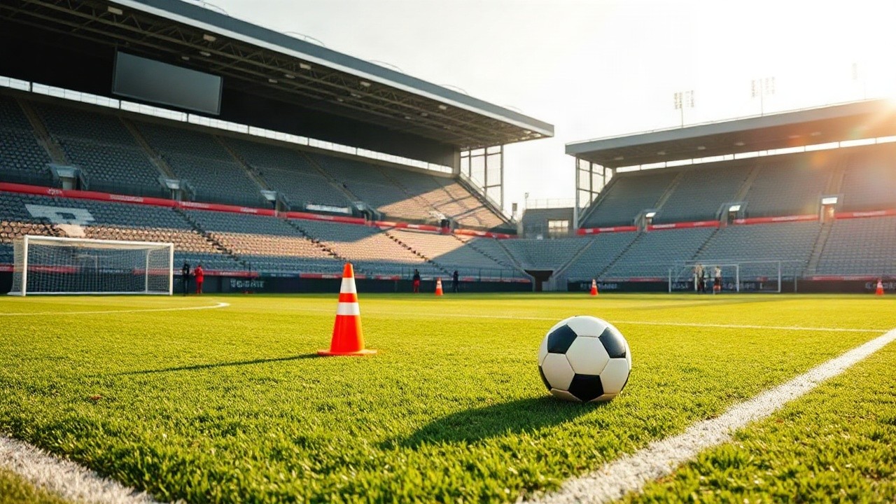 Ein leerer Trainingsplatz im Stadion steht sinnbildlich für die Zukunft von Miron Muslic bei Schalke 04 – Symbolbild, KI-erzeugt