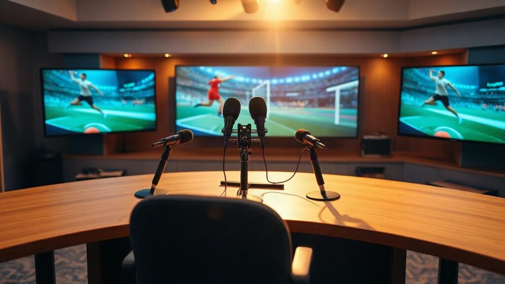 Ein leerer Fernsehstudio-Schreibtisch mit Sportgrafiken erinnert an die Arbeit von Monica Lierhaus im TV-Sportjournalismus – Symbolbild, KI-erzeugt