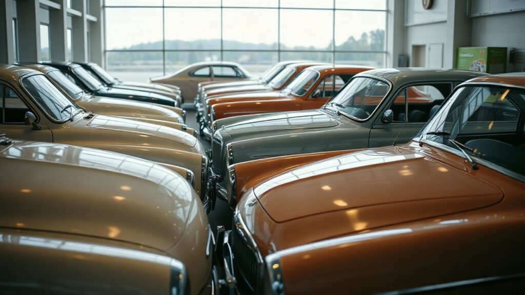Mehrere klassische Oldtimer stehen aufgereiht in einer hellen Ausstellungshalle, wie sie bei der Versteigerung rund um den Niki Lauda zugeschriebenen Kombi in Salzburg zu sehen sind – Symbolbild, KI-erzeugt