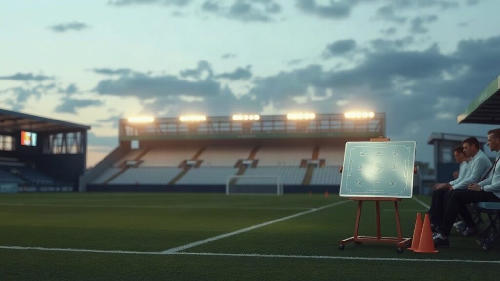 Ein leeres Trainingsgelände mit Taktiktafel steht symbolisch für die neue Vertragsphase von Niko Kovac bei Borussia Dortmund – Symbolbild, KI-erzeugt