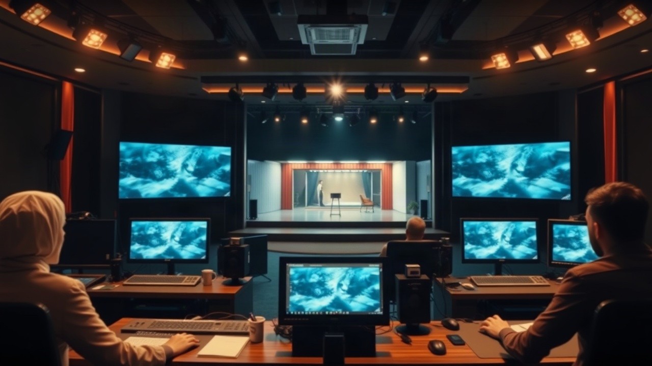 Ein Fernsehstudio mit Monitoren zeigt die Container-Kulisse, aus der ein Bewohner bei Promi Big Brother ausgezogen ist – Symbolbild, KI-erzeugt