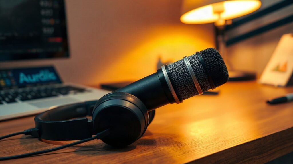 Ein Podcast-Mikrofon auf einem Schreibtisch steht sinnbildlich für das Interview, in dem Oliver Pocher sich zu den Liebesgerüchten äußerte – Symbolbild, KI-erzeugt