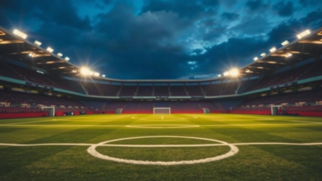 Ein leeres, beleuchtetes Fußballstadion symbolisiert den möglichen Wechsel von Paul Wanner zu einem englischen Top-Klub – Symbolbild, KI-erzeugt