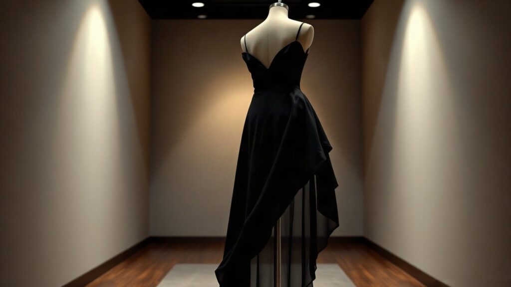 Ein schwarzes Abendkleid in einem Ausstellungsraum steht sinnbildlich für das Kleid, das Prinz Harry offenbar für Meghan sichern möchte – Symbolbild, KI-erzeugt