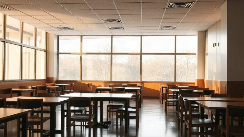 Ein ruhiger Cafeteria-Raum erinnert an die Rolle, die Rolf Becker als Otto Stein in der Sachsenklinik-Serie spielte – Symbolbild, KI-erzeugt