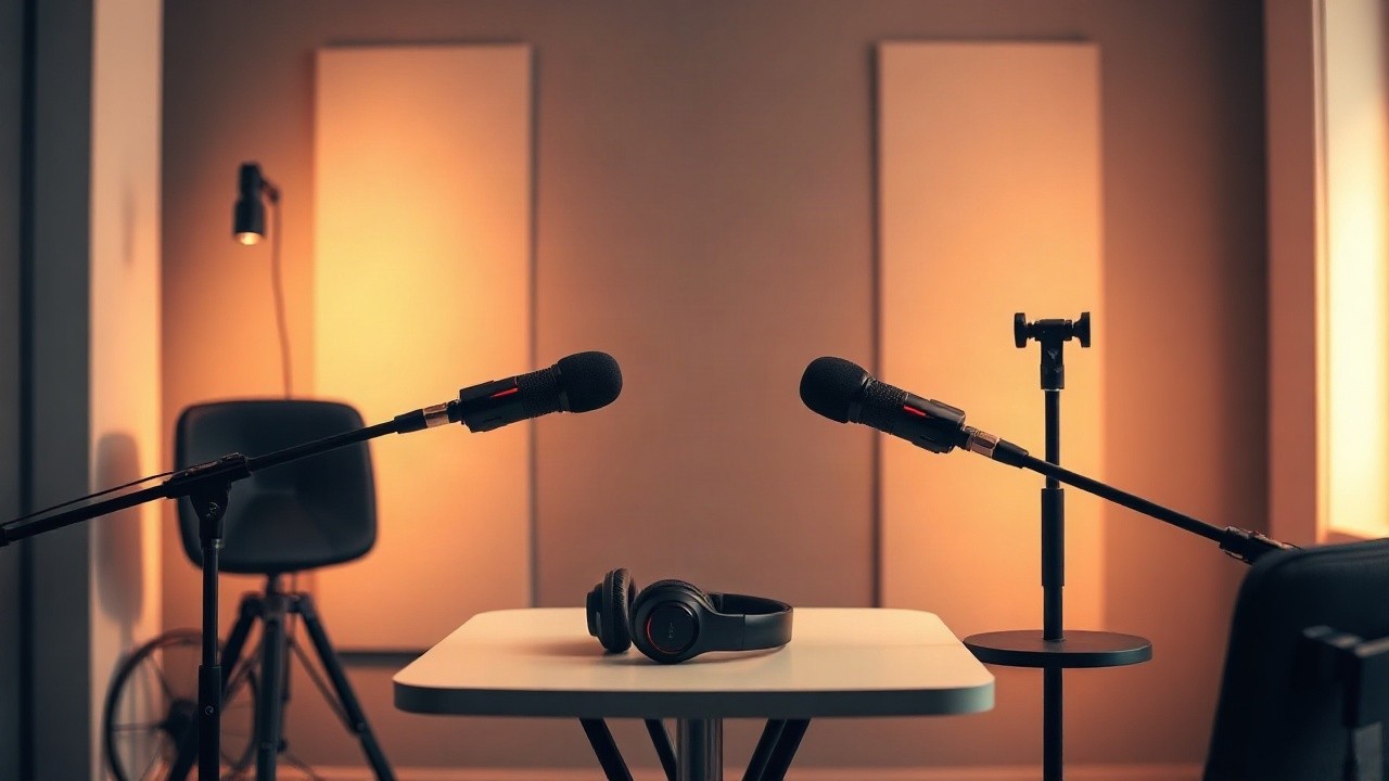 Ein Podcast-Studio mit zwei Mikrofonen steht sinnbildlich für die Gerüchte rund um Serkan Yavuz und sein mögliches Comeback mit Samira – Symbolbild, KI-erzeugt