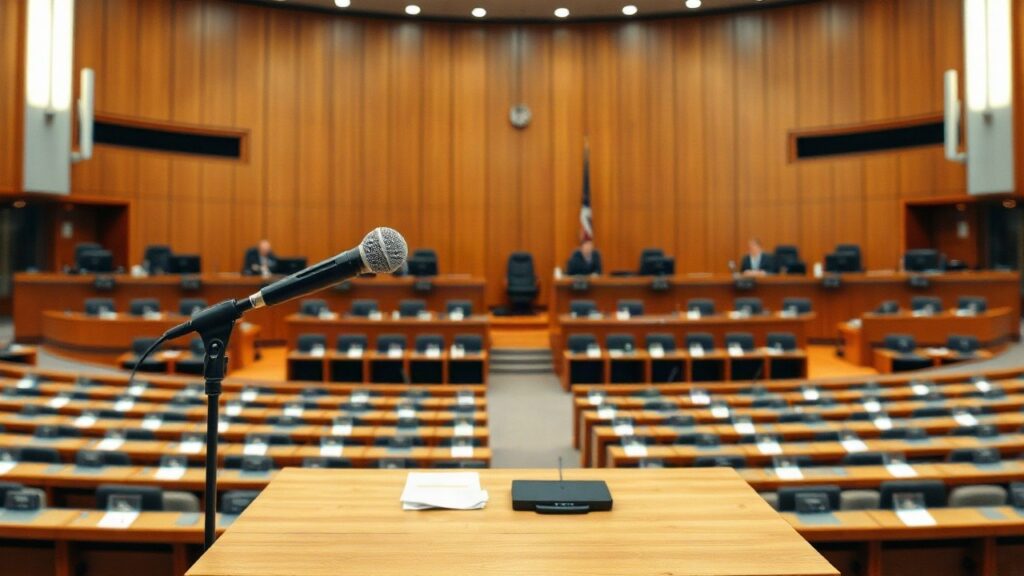 Rednerpult im Plenarsaal des Nationalrats, in dem Politikerinnen wie Sophie Marie Wotschke über die Pension mit 67 diskutieren – Symbolbild, KI-erzeugt