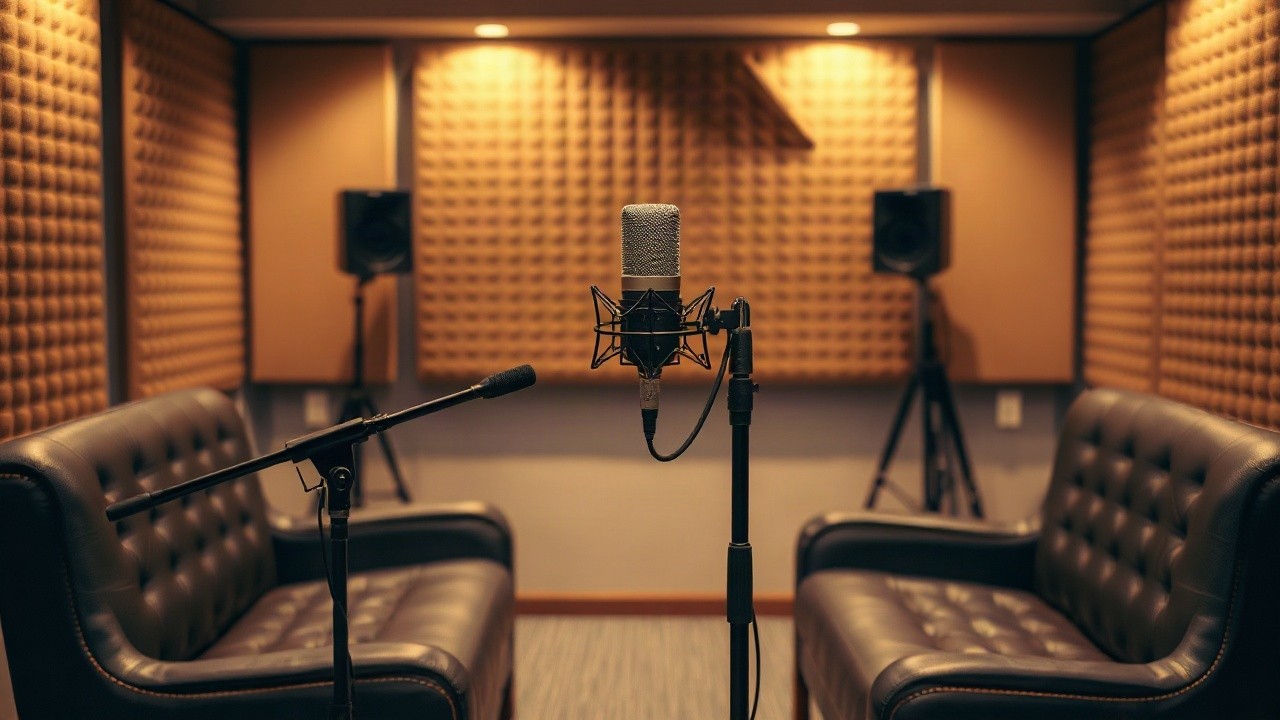 Ein Podcast-Studio mit Mikrofon symbolisiert das Gespräch, in dem Stefano Zarrella über seinen Kinderwunsch sprach – Symbolbild, KI-erzeugt
