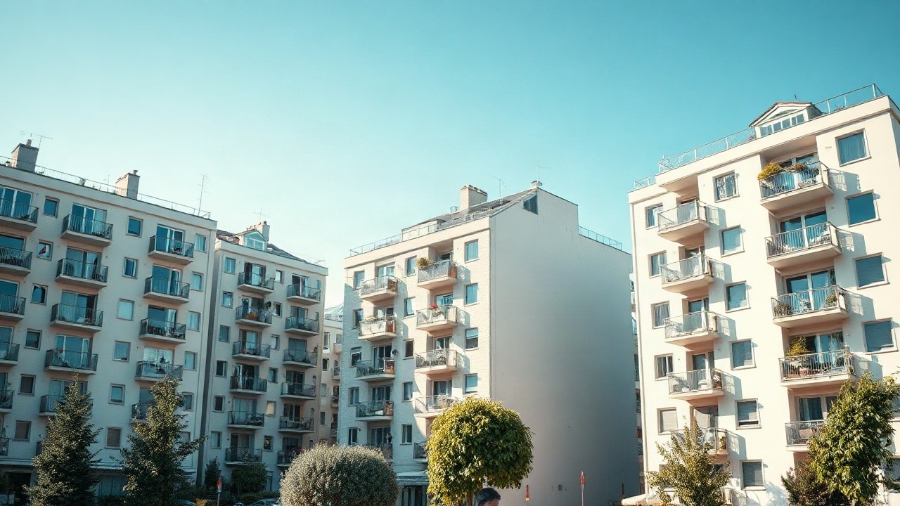 Exterior view of modern Swiss residential apartment buildings in an urban setting, daylight, no visible people, clean architectural facade, wide angle, 16:9 landscape format – Symbolbild, KI-erzeugt