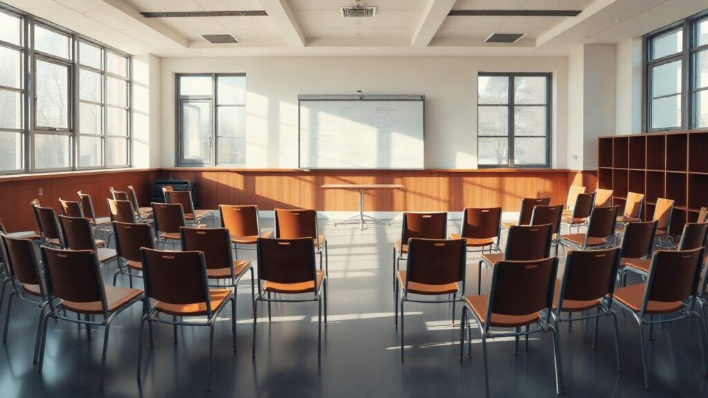 Ein leerer Hochschulseminarraum steht sinnbildlich für die Arbeit des Informationsdienstes Wissenschaft rund um Hochschuldidaktik – Symbolbild, KI-erzeugt