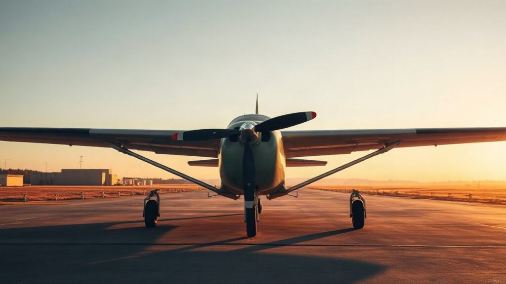 Ein Flugzeug auf einem Rollfeld bei Sonnenuntergang erinnert an die Filmkarriere von Tom Skerritt in Top Gun – Symbolbild, KI-erzeugt