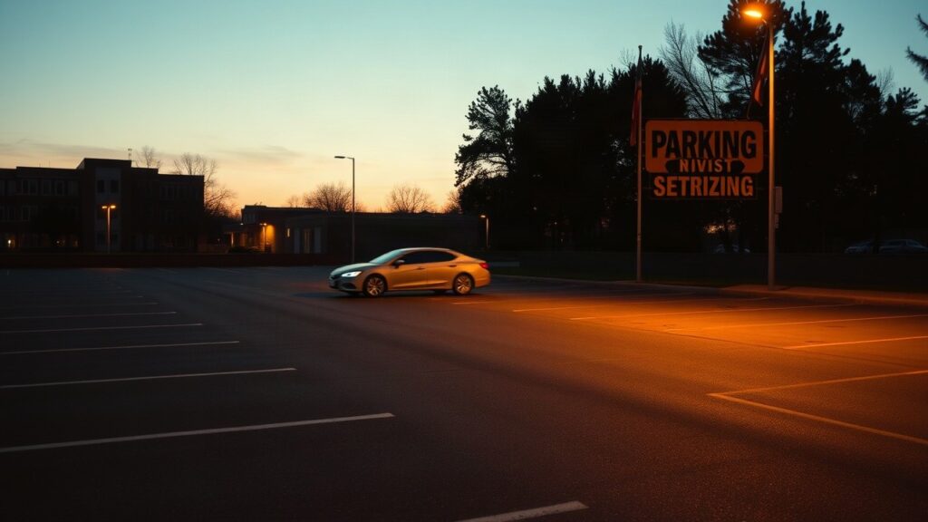 Ein leerer Parkplatz bei Dämmerung erinnert an die geheimen Anfänge der Beziehung von Victoria Beckham und David Beckham – Symbolbild, KI-erzeugt