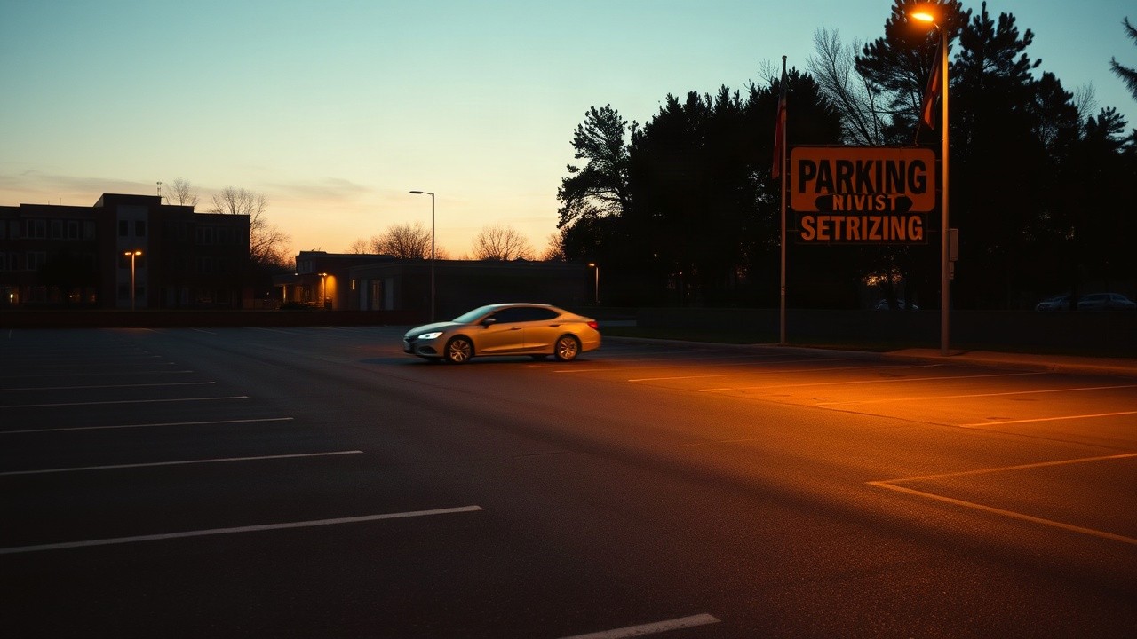 Ein leerer Parkplatz bei Dämmerung erinnert an die geheimen Anfänge der Beziehung von Victoria Beckham und David Beckham – Symbolbild, KI-erzeugt