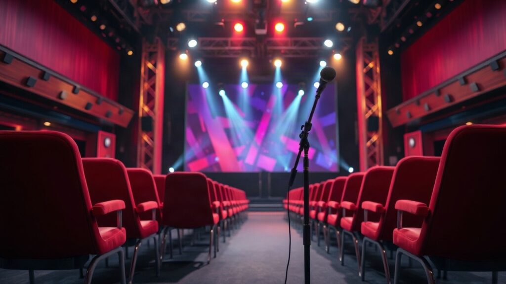 A television studio stage set for a talent casting show, empty red coach chairs facing a stage with colorful stage lighting, microphone stand in the foreground, no people, no text, – Symbolbild, KI-erzeugt