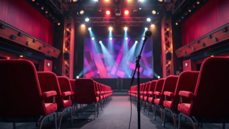 A television studio stage set for a talent casting show, empty red coach chairs facing a stage with colorful stage lighting, microphone stand in the foreground, no people, no text, – Symbolbild, KI-erzeugt